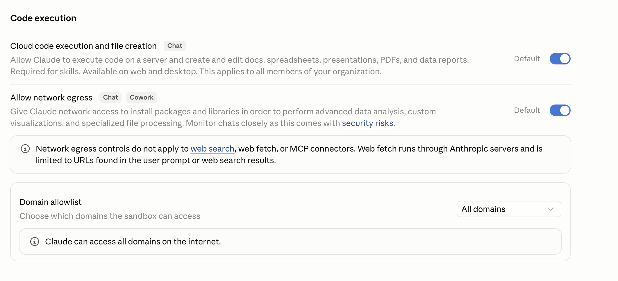 Claude Code execution settings with the Domain allowlist set to All domains