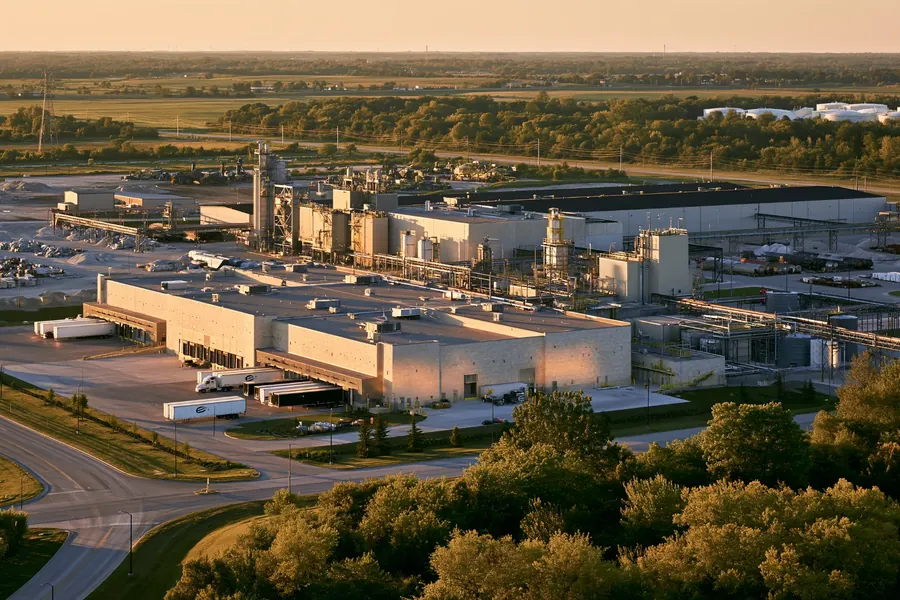 Aerial view of a manufacturing plant with loading docks and trucks at sunset
