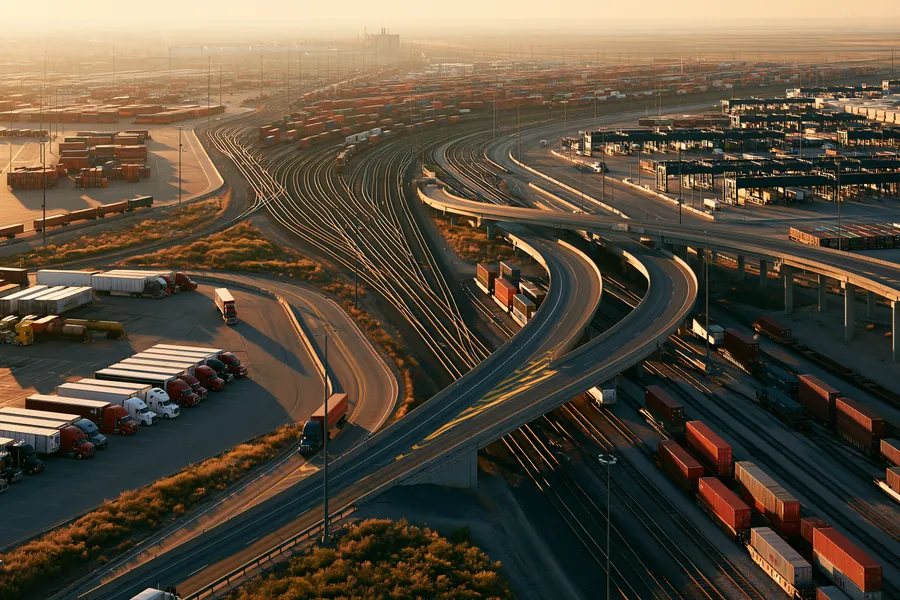 Aerial view of a rail and freight interchange with trucks, container trains and highway ramps at sunset