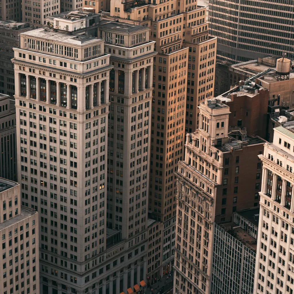 Downtown office towers in a financial district seen from above