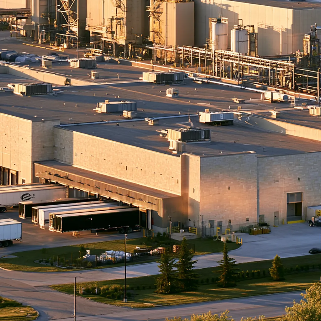Loading docks and rooftop equipment on a manufacturing plant at sunset