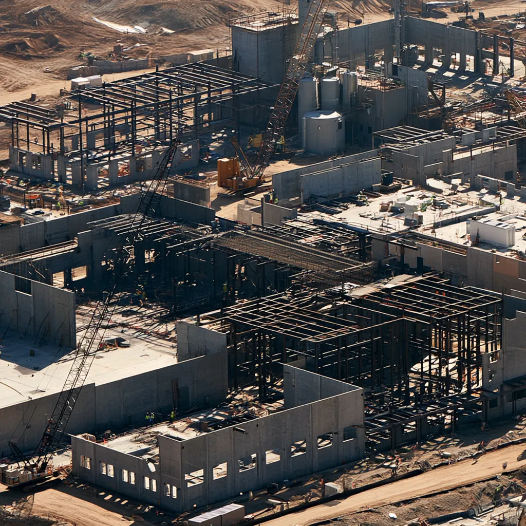 Steel frames and concrete walls rising on a large construction site