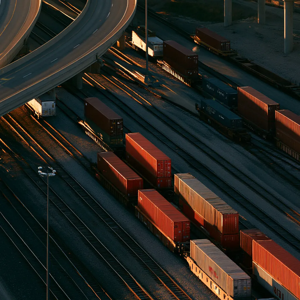 Container trains lined up on rail tracks at a freight interchange