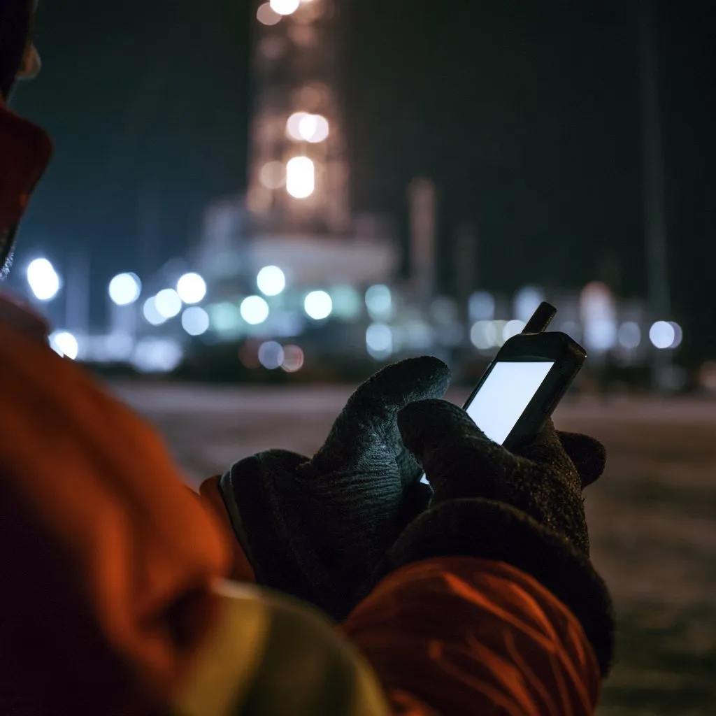 A field operator checks a phone at night with a lit rig behind them